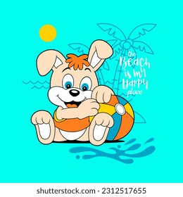 beach vacation with bunny cartoon, vector illustration.