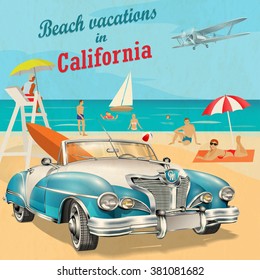 Beach vacation to California retro poster.