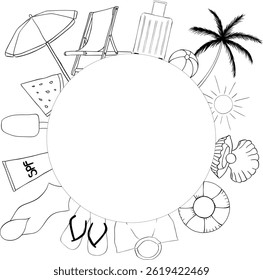 Beach vacation circle round frame template for text. Vector graphic line ink illustration. A place for text in the center. Banner template for greeting cards, invitations. For logo, package, sticker.