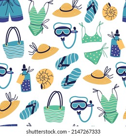 Beach vacation clothes and accessories seamless vector pattern. Sea holiday attributes - swimsuit, swimming trunks, slippers, hat, diving mask, suntan cream. Flat cartoon style
