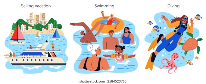 Beach Vacation concept. A delightful beach vacation experience featuring sailing, swimming, and diving activities. Enjoy fun in the sun, explore aquatic life, and relax on the water. Vector