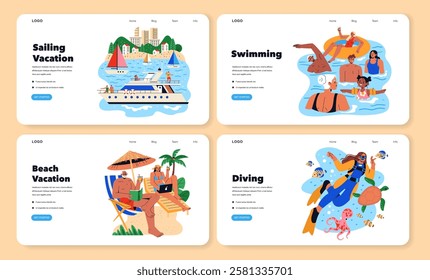 Beach Vacation concept. Enjoy relaxation and leisure by the shore with family and friends. Embrace sunny weather, soft sand, and refreshing drinks while lounging under palm trees. Vector illustration.