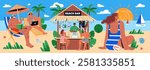 Beach Vacation concept. A lively beach scene filled with sunbathers enjoying a relaxing day at a beach bar. People engage in various activities such as reading, lounging, and socializing. The vibrant