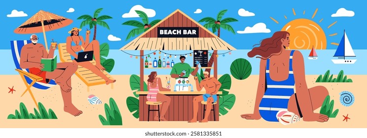 Beach Vacation concept. A lively beach scene filled with sunbathers enjoying a relaxing day at a beach bar. People engage in various activities such as reading, lounging, and socializing. The vibrant