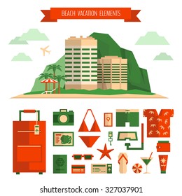 Beach vacation concept and object set. Things for summer travel. Traveling, tourism, vacation illustration and icons set. Flat style, vector.
