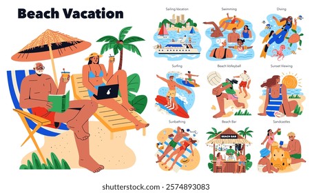 Beach Vacation concept. Relaxation and fun at the beach with various activities. Enjoy sunbathing, swimming, surfing, and evening sunsets. Perfect blend of leisure and adventure by the ocean. Vector