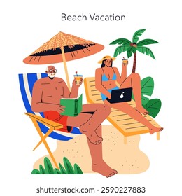 Beach Vacation concept. A relaxed scene of two individuals enjoying a sunny day at the beach. One is reading while the other works on a laptop, both sipping drinks under sun protection. Soothing