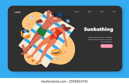 Beach Vacation concept. A relaxing scene featuring two individuals sunbathing on a beach mat, surrounded by vacation essentials like a hat, drinks, and books. Emphasizes leisure and enjoyment, ideal