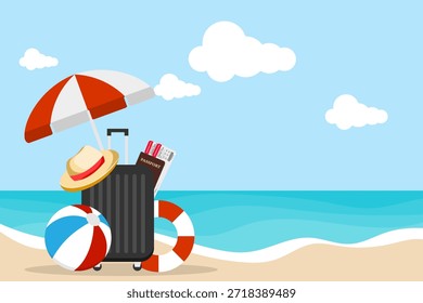 Beach vacation concept, seaside getaway. A tourist's suitcase with belongings against a seascape. Vector illustration, web banner, vector.
