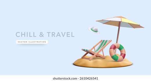 Beach Vacation Concept With Sun Umbrella, Deck Chair, Lifebuoy, Sand, and Floating Hat. Relaxing Summer Travel Scene In 3D Style. Perfect For Holiday Themes. Vector Illustration.