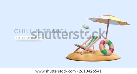 Beach Vacation Concept With Sun Umbrella, Deck Chair, Lifebuoy, Sand, and Floating Hat. Relaxing Summer Travel Scene In 3D Style. Perfect For Holiday Themes. Vector Illustration.