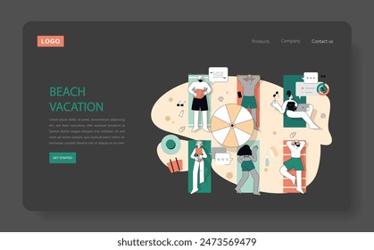 Beach Vacation concept. A vibrant collection of characters enjoying seaside leisure, from sunbathing to reading. Relaxation and summer fun theme. Vector illustration.
