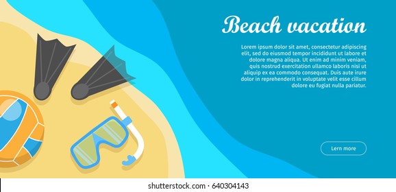 Beach vacation conceptual web banner. Flat style vector. Summer leisure on seacoast. Entertainments on sea shore. Horizontal illustration for travel company landing page, corporate site design