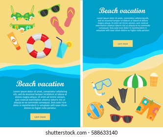 Beach vacation conceptual web banners. Flat style vector. Summer leisure on seacoast. Entertainments on sea shore. Horizontal illustration for travel company landing page, corporate site design