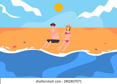 Beach vacation date vector concept: couple eating popsicles happily at the beach