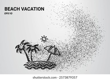 A beach vacation depicted with small circles and dots, with particles swirling around it. Vector illustration.