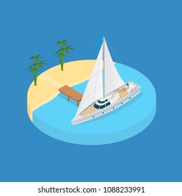 Beach Vacation Element 3d Isometric View on a Blue Background. Vector illustration of Rest with Boat