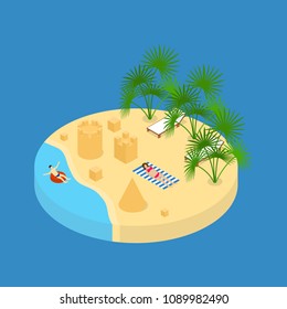 Beach Vacation Element 3d Isometric View on a Blue Background. Vector illustration of Rest with Sandcastle