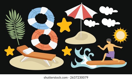 Beach vacation elements including lifebuoys, a beach chair, an umbrella, palm leaf, starfish,  waves, clouds, surfboard,and the sun, all against a black background.