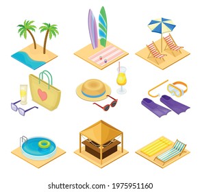 Beach Vacation Elements With Sand, Water And Sun Umbrella Isometric Vector Set