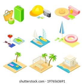 Beach Vacation Elements with Sand, Water and Sun Umbrella Isometric Vector Set