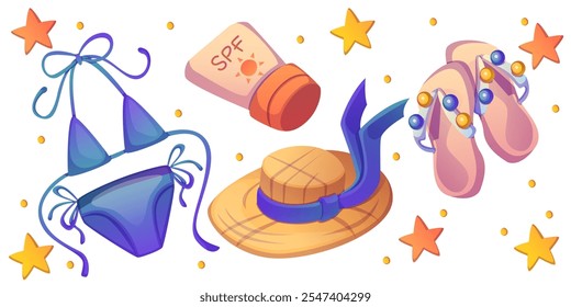 Beach vacation essentials - blue female swimsuit with ties, straw sunhat with wide brim and ribbon, flip flops decorated with pearls, protective sunscreen lotion. Cartoon stuff for summer voyage.