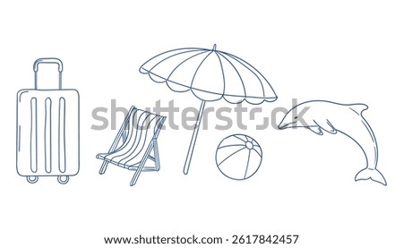 Beach vacation essentials including suitcase, umbrella, chair, ball, and dolphin