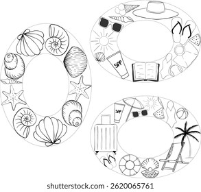 Beach vacation, essentials, seashells Oval set frame template for text. Vector graphic line ink illustration. A place for text in the center. Banner template for greeting cards, invitations.
