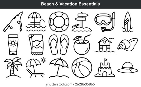 Beach vacation essentials summer icon set