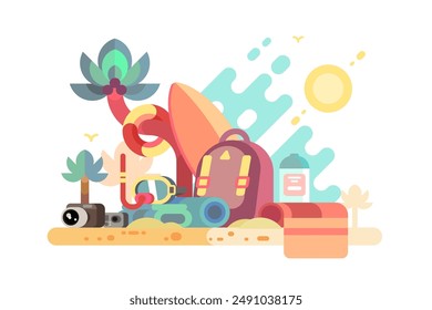 Beach Vacation Essentials. Vector illustration of travel items for beach holiday with various accessories