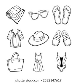 Beach Vacation Fashion Vector Line Art Bundle for Summer Style