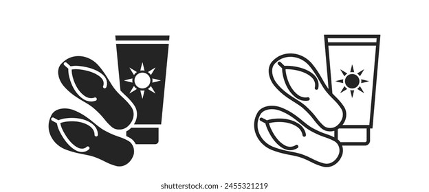 beach vacation flat and line icon. sunscreen and flip flops. summer resort symbol. isolated vector image for tourism design