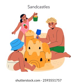Beach vacation fun with kids building intricate sandcastles on a sunny day. Laughter fills the air as they eagerly create their sandy masterpiece, showcasing creativity and joy. Ideal for capturing