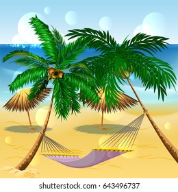 Beach vacation. Hammock between palm trees. Cartoon illustration in vector format