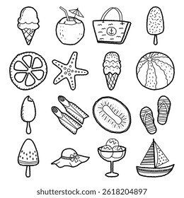 Beach Vacation in Hot Summer with Minimal Handdrawn Doodle Style