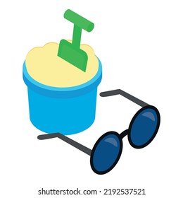 Beach vacation icon isometric vector. Toy pail filled sand, shovel and sunglasses. Beach toy, summer accessory, sea holiday