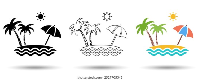 Beach vacation icon. Beach vacation icon on a white background, isolated. The icon has three uses in applications and websites. Vector illustration. Beach vacation icon on a white background.