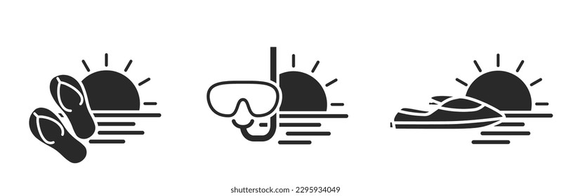 beach vacation icon set. diving mask, flip flops, jet ski, sea and sun. isolated vector images for tourism design