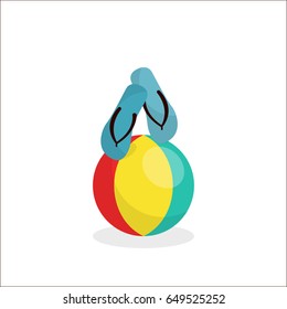 Beach vacation icon Vector illustration Blue sandals are on the striped beach ball Cartoon style Isolated objects