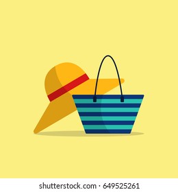 Beach vacation icon Vector illustration Icons of wide-brimmed hat and beach bag on light-yellow background Cartoon style Isolated objects