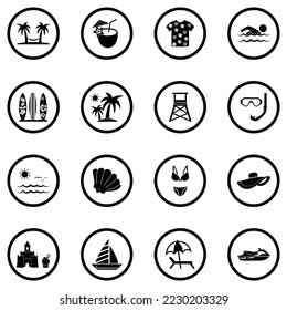 Beach Vacation Icons. Black Flat Design In Circle. Vector Illustration.