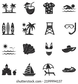 Beach Vacation Icons. Black Scribble Design. Vector Illustration.
