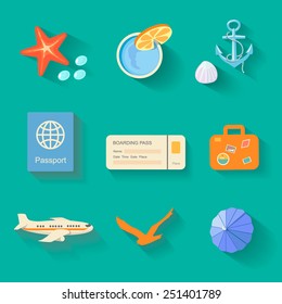 Beach and vacation icons in flat colors style.