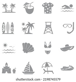 Beach Vacation Icons. Gray Flat Design. Vector Illustration.