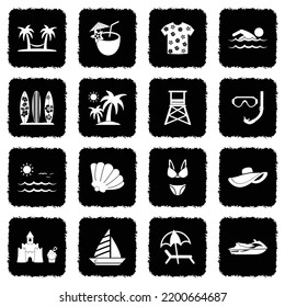 Beach Vacation Icons. Grunge Black Flat Design. Vector Illustration.