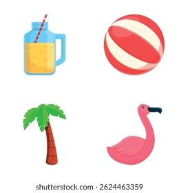Ícones de férias na praia definem o vetor de desenhos animados. Milkshake frio, brinquedo de praia e palmeira. Feriado de verão