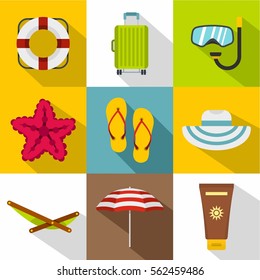 Beach vacation icons set. Flat illustration of 9 beach vacation vector icons for web