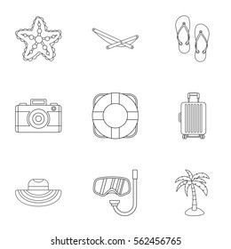 Beach vacation icons set. Outline illustration of 9 beach vacation vector icons for web