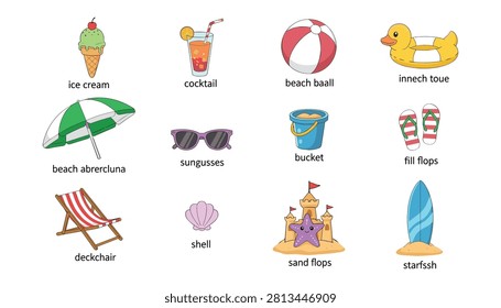 Beach vacation icons set with text labels vacation icecream cocktail