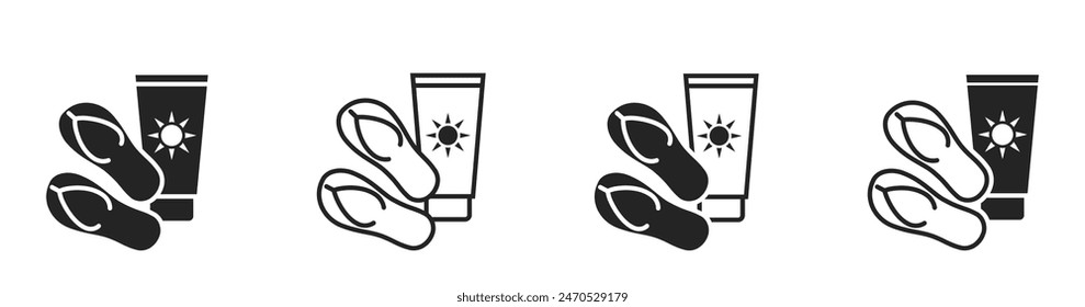 beach vacation icons. sunscreen and flip flops. summer resort symbol. isolated vector illustrations for tourism design